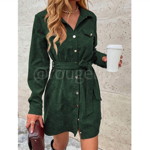 Corduroy Dark Green Casual Button Up Shirt Style Belted Mini Dress Long … - Picture 1 of 14